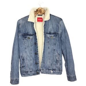 Guess Sherpa Lined Denim Jean Bomber Jacket Blue Small